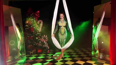 Media: Video of a woman in a green and gold sequined outfit suspended in mid-air by white ribbons, surrounded by a checkered floor, festive decorations, and colorful lights in a dimly lit room.