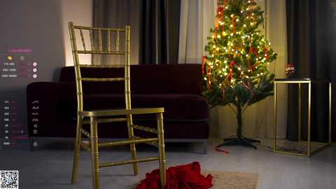 Media: A video of a modern living room with a gold-framed chair, a red sofa, a decorated Christmas tree, and festive decorations, featuring a QR code and app icons.