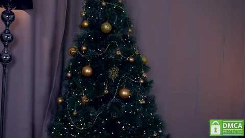 Media: Video of a festive Christmas tree decorated with golden ornaments, tinsel, and a star topper. Background features a dark curtain and a lamp with a black shade.