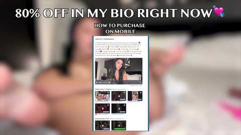 Media: Video of a woman with long black hair, wearing a black top, on a bed, blurred background. Text: \"80% OFF IN MY BIO RIGHT NOW PURCHASE ONOMIBILE\" in white font.