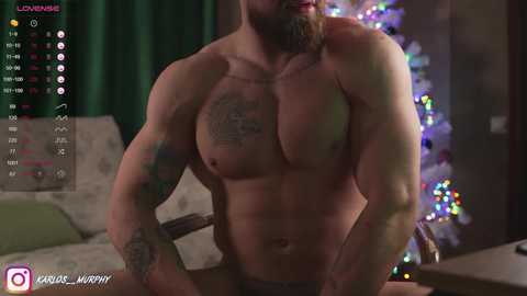 Media: A muscular, bearded man with a tattooed chest, wearing only black briefs, sits on a bed with a lit Christmas tree in the background. The image is a screenshot from a live stream, with a \"LOUNGE\" title and social media icons.