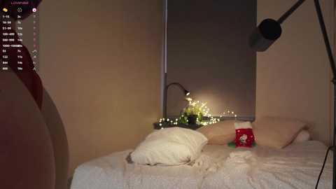 Media: A video of a dimly lit bedroom with a bed covered in white sheets, a red Christmas ornament, and a string of fairy lights. The background features a beige wall and a black window shade.