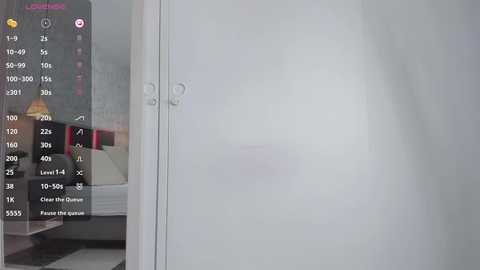 Media: Video of a white, frosted-glass sliding door in a modern bedroom, featuring a bedside table with a lamp, a bed, and a pink wall.