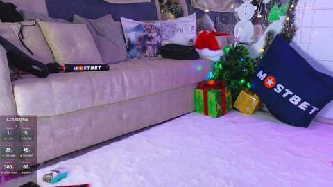 Media: Video of a cozy, festive living room with a white couch, Christmas tree, and presents under a blue \"Mister\" banner.