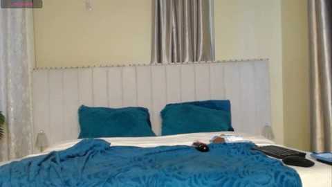 Media: Video of a neatly made bed with two teal pillows, a blue quilt, and a laptop on a bedside table in a modern, minimalist bedroom with white walls and silver curtains.