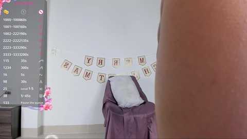 A video showing a cozy room with a white wall, a purple chair, and a banner reading \"HAPPY BIRTHDAY.\" A large calendar is visible on the left.