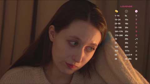 A video shows a young woman with light skin and long brown hair, wearing a beige sweater, looking contemplative and holding her head. A digital overlay displays a contact list on the right.