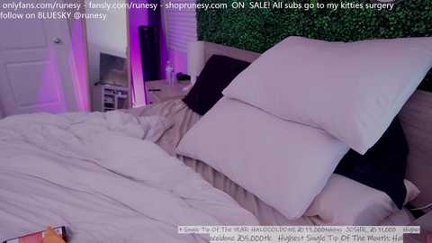 Media: Video of a messy bedroom with a white bed, black pillows, and a green leafy backdrop. Text overlays mention OnlyFans and \"All subs go to my kittens surgery.\