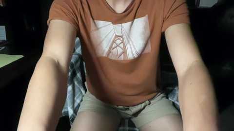 Media: Video of a young person with fair skin, wearing a brown T-shirt with a white graphic of a bridge and beige shorts. They sit on a patterned blanket, indoors, with dim lighting.