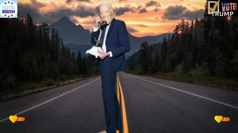 Media: A digitally altered video of a man in a navy suit and glasses, playing a violin on a deserted road during a sunset, with mountains and trees in the background.