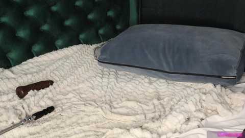 Media: A video shows a plush, white, quilted bedspread with a dark wooden bed frame and a dark green headboard in the background. A blue cushion and a brown wooden screwdriver are on the bed.