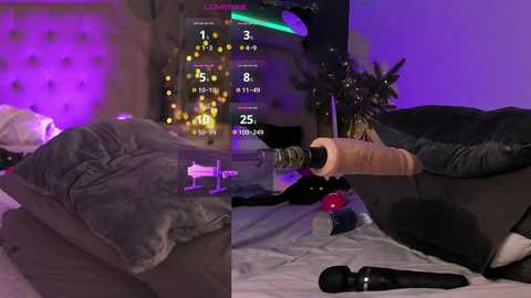 Media: A video of a man masturbating on a bed, using a realistic dildo and surrounded by sex toys, with a virtual reality display showing game stats.