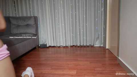 Video of a modern, minimalist living room with a grey sofa, grey curtains, wooden floor, and a pink shirt partially visible in the foreground.