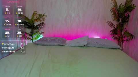 Video of a minimalist bedroom with a bed, two green plants, and a pink LED strip lighting the headboard. The room's walls are white with a subtle pattern.