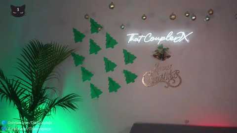 Media: Video of a Christmas-themed wall with green paper Christmas trees and \"Merry Christmas\" in metallic cursive, neon green lighting, and a cat silhouette.