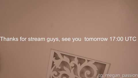 Video of a beige wall with a decorative white cutout featuring a leaf pattern. Text in the center reads, \"Thanks for stream guys, see you tomorrow 17:00 UTC.\