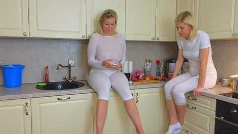 Media: Video of two blonde women in white leggings and matching tops sitting on kitchen counters, focused on mixing something in bowls, amidst a modern kitchen with beige cabinets and a gray countertop.