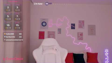 Media: Video of a minimalist, pink-themed room with a white gaming chair, neon pink heart-shaped light, and framed art on a white wall.