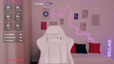 Media: Video of a white gaming chair in a pastel-colored bedroom with a pink lightning bolt on the wall, framed art, and red and blue pillows on a bed.