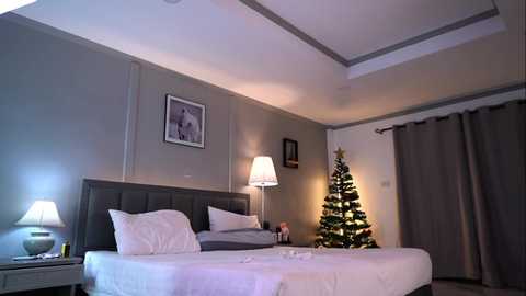 Media: Video of a cozy, modern bedroom with a bed, nightstand lamps, and a lit Christmas tree by the window.