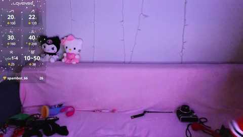 Media: A video of a dimly lit room with a white, fluffy cat plush and a Hello Kitty plush on a ledge, a white wall, and scattered objects on the floor.