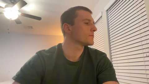 Media: Video of a fair-skinned, short-haired Caucasian man in a dark green T-shirt, looking contemplative by a window with closed blinds in a dimly lit room with a ceiling fan.