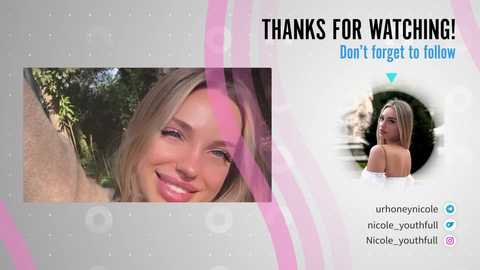 Media: Video of a smiling blonde woman in a forest, with a pink overlay and a text box thanking viewers, featuring a smaller photo of a woman with long hair.