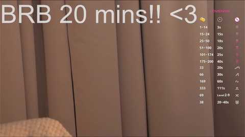 Video of a beige curtain with vertical folds, overlaid with digital text reading \"BRB 20 mins!!\" and a numerical countdown from 1:14 to 0:30.