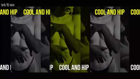 Media: A digital collage of four images with captions \"COOL AND HIP\" in bold yellow text, featuring a woman with medium breasts, wearing a knit sweater, being touched sensually by a gloved hand.