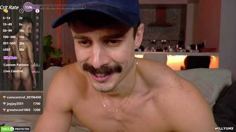 Media: Video of a shirtless man with a mustache, wearing a navy cap, in a cozy, dimly lit living room with a fireplace.