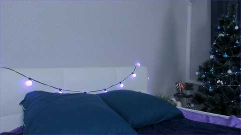 Media: Video of a dimly lit bedroom with a bed covered in dark purple bedding, featuring a string of purple fairy lights above. A decorated Christmas tree with blue ornaments is visible in the background.