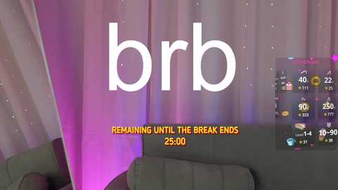 Media: Video of a modern living room with a gray sofa and a large, sheer curtain with purple and pink lighting. The \"bb\" logo is overlaid with a warning message: \"REMAINING UNTIL THE BREAK ENDS 25.09.\