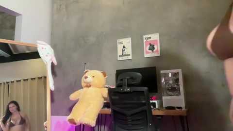 Media: A video of a cluttered bedroom with a beige teddy bear on a wooden desk, black office chair, and two posters on a grey wall; a person's arm is visible in the foreground.