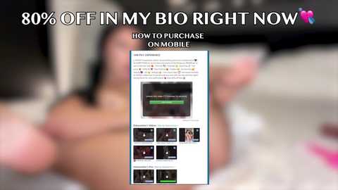 Media: A blurry video shows a nude woman with large breasts lying on a bed. Text above reads, \"80% OFF IN MY BIO RIGHT NOW\" with \"HOW TO PURCHASE OMNIBILE\" below.