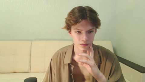 Media: Video of a young man with wavy brown hair and fair skin, wearing a brown shirt, gesturing with his right hand, against a plain light-green wall and beige couch background.