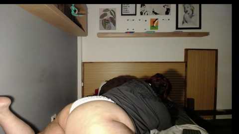 Media: Video of a plus-sized woman with dark hair lying face down on a bed, wearing a black t-shirt and white panties, in a modestly decorated room with framed art on the wall.