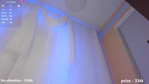 Media: A low-quality, grainy video of a bedroom with white curtains partially drawn, illuminated by blue and white lights, taken from a security camera.