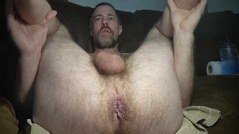 Media: Video of a nude, bearded, light-skinned man with a large penis and circumcised scrotum, legs spread, lying on a brown couch, with a toilet paper roll and a water bottle in the background.