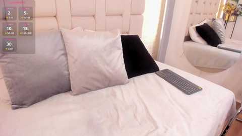 Media: Video of a modern, minimalist bedroom featuring a white upholstered headboard, white bedding, and a black and white pillow arrangement. A gray keyboard rests on the bed.