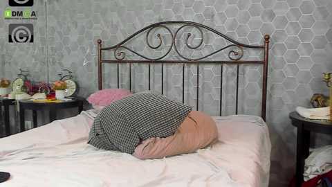 Media: Video of a neatly made bed with a pink pillow, gray checkered pillow, and white bedding. A person is curled up under the covers. Gray hexagonal wallpaper, black nightstand, and vintage clock in the background.