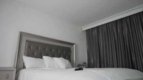 Media: A video of a minimalist hotel room with a tufted, silver headboard, white bedding, and dark grey curtains covering the window. The room has a clean, modern aesthetic with a neutral color palette.