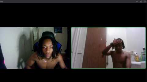 Media: Video of a young, dark-skinned Black woman with dreadlocks, sitting in a gaming chair, looking serious. To her right, a shirtless Black man with short hair, standing in a bathroom, covering his face with one hand.