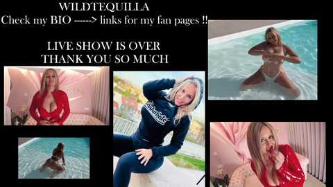 Media: Video collage featuring a blonde woman in a blue wetsuit, smiling, on a poolside. Text overlays read \"WildTequila\" and \"Thank you so much.\