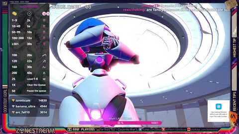 Media: A digital CGI image featuring a futuristic, anthropomorphic robot with blue and pink accents, standing in a circular, futuristic room with white and metallic tones. The image is rendered in a polished, high-resolution style.