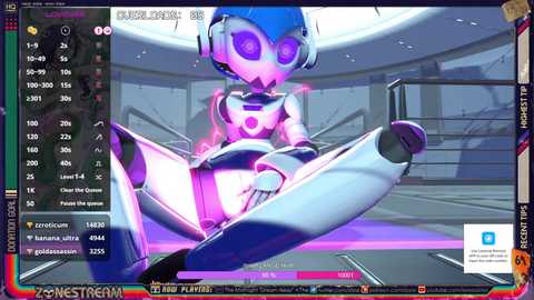 Media: This is a CGI screenshot from a game, showing a blue, purple-eyed, robotic character with a futuristic design, sitting provocatively with legs spread, in a sterile, high-tech room.