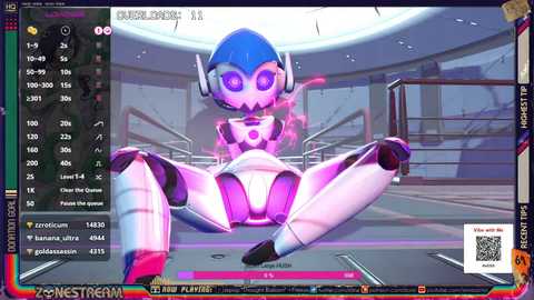 Media: This is a screenshot from a virtual reality game featuring a blue, robotic girl with large, glowing purple eyes, sitting provocatively on a futuristic, sterile floor. The background includes a high-tech, metallic setting with a QR code visible.