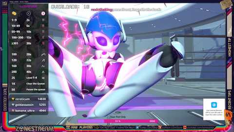 Media: This is a digital screenshot of a virtual reality game featuring a futuristic, anthropomorphic, purple robot with glowing eyes and electricity, in a high-tech, futuristic room. The game interface includes a menu and controls.