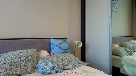 Media: Video of a tidy, minimalist bedroom with a bed covered in a patterned blue and green duvet, a matching pillow, and a small white teddy bear. The background features a plain beige wall and a mirror reflecting the room's calm ambiance.