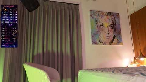 Media: A video of a modern bedroom with a large, colorful abstract portrait of a woman's face on the wall. A gray curtain covers the window, and a green chair sits in the foreground.