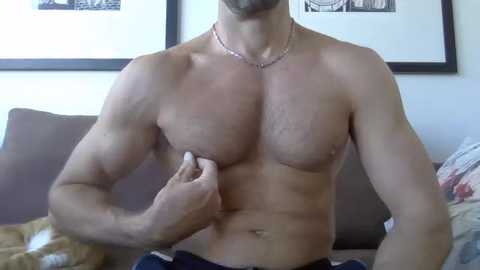 Video of a shirtless man with a toned, muscular physique, flexing his pectoral muscles, wearing a gold chain necklace and navy blue shorts. Background features a beige couch with cushions and framed artwork on a light-colored wall.